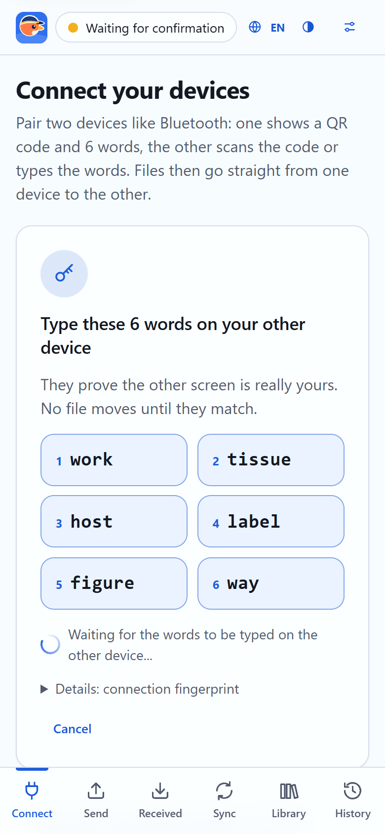 A phone showing the six confirmation words to type on the other device