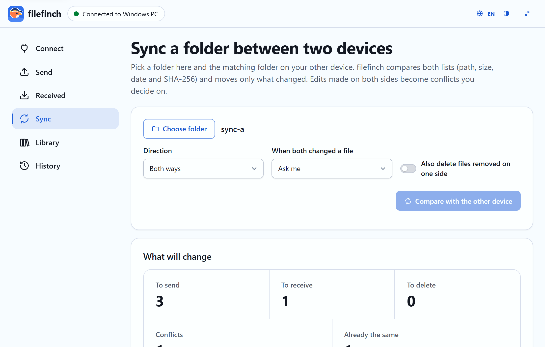 The sync plan listing the files that will be copied, updated or kept