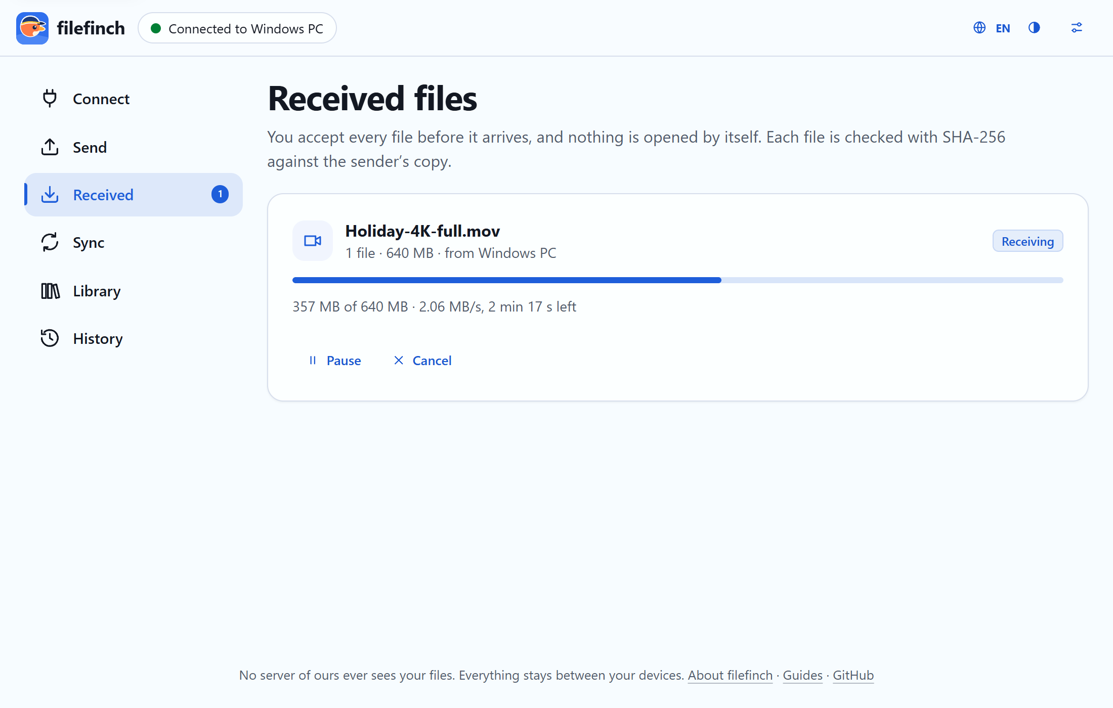 A large transfer in progress with speed, time left and the hash check