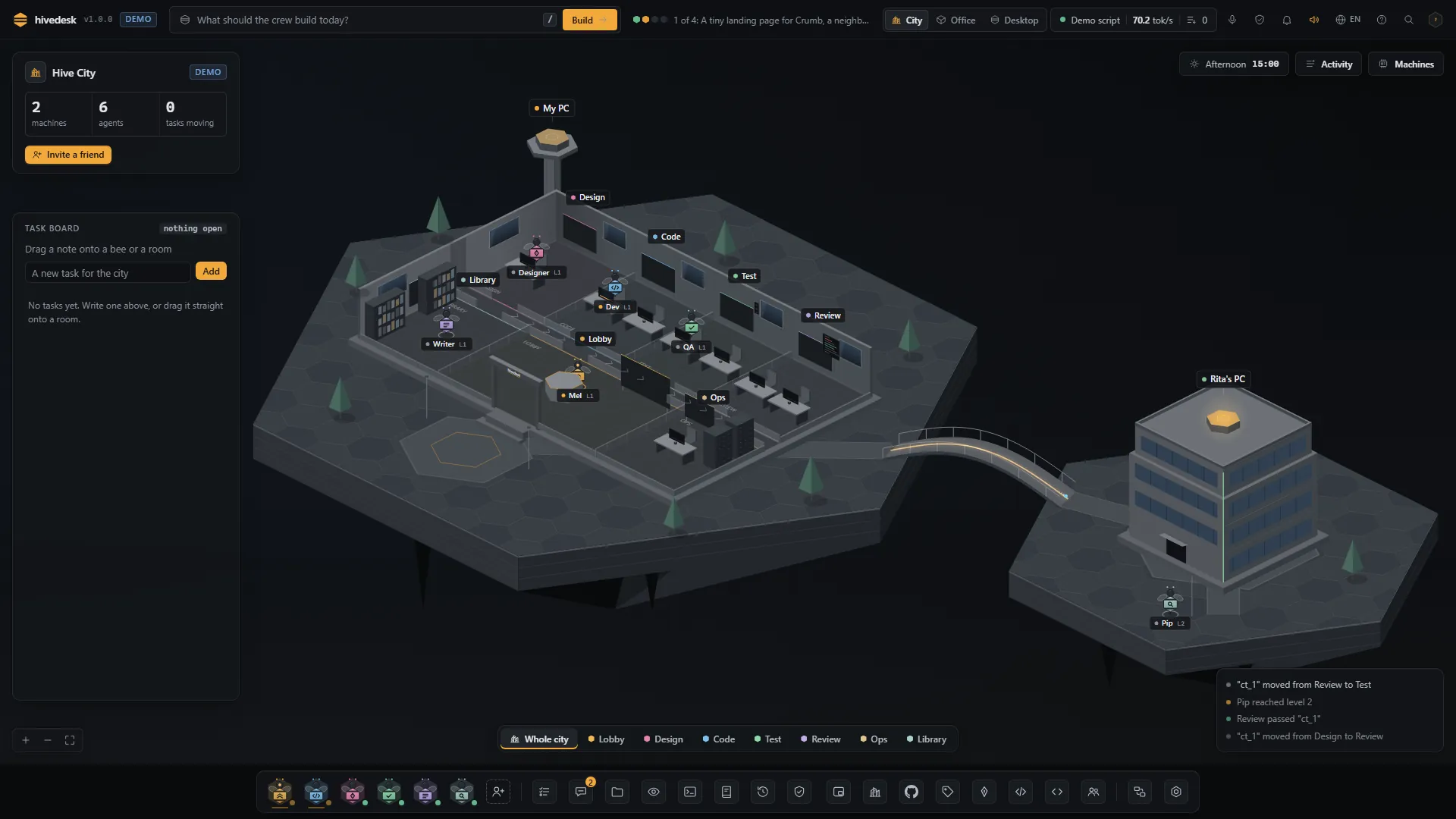 The City in demo mode: your building on a floating island with the Design, Code, Review, Test, Ops, Library and Lobby rooms, a friend's tower across a bridge, the task board and the event feed.