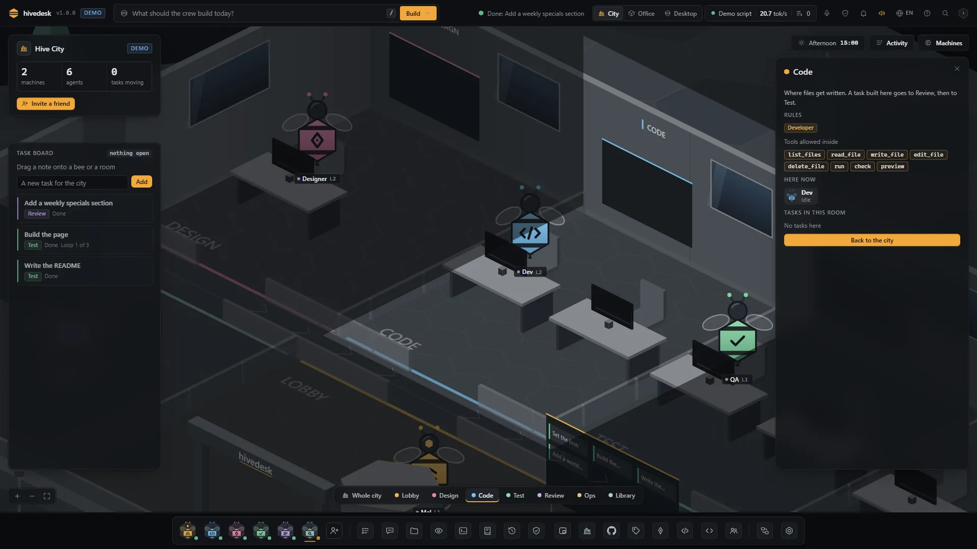 Inside the Code room: the room panel with its rules, the tools allowed inside and the agent working there.