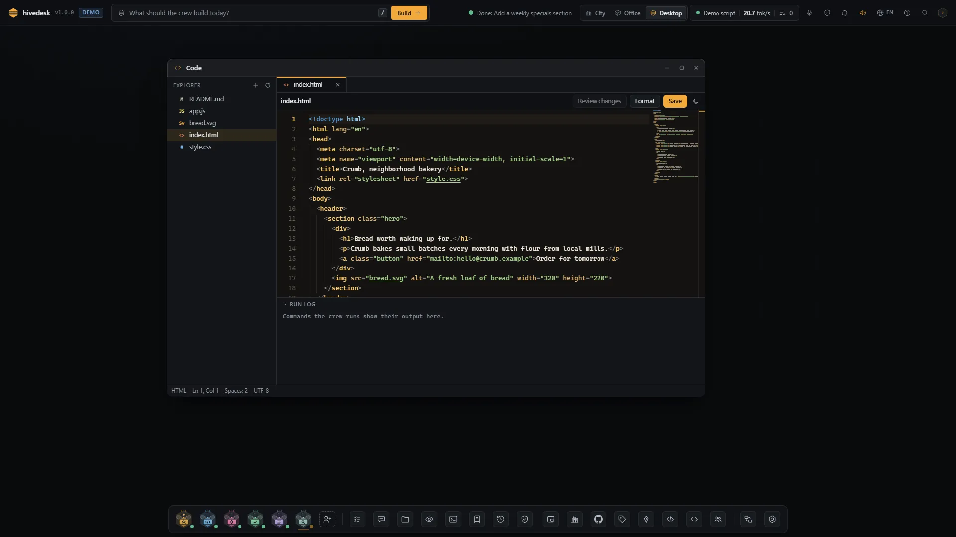 The code editor with the explorer, an open file and the run log.