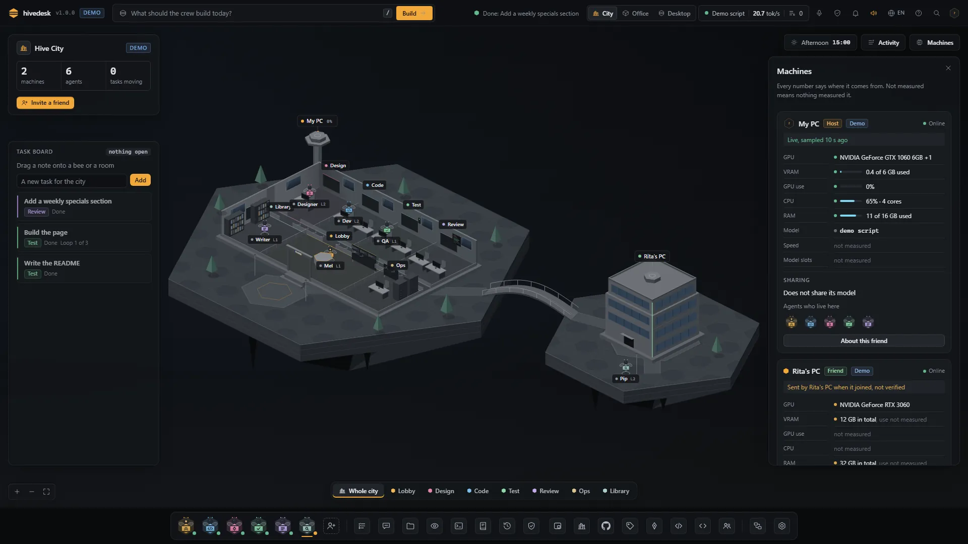 The Machines panel next to the City: GPU, VRAM, CPU and RAM of this PC, each with the source of its number.