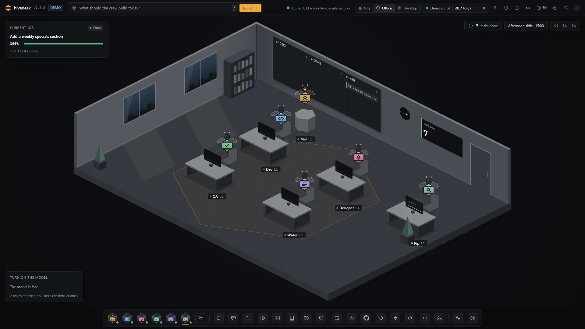 The Office view: the crew at their desks around Mel, the current job and its progress.
