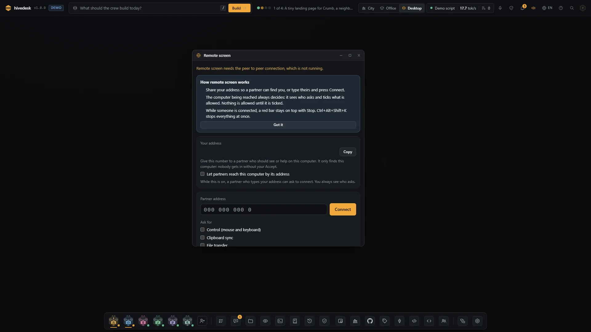 The Remote screen window: how it works, your address, the partner address and what to ask for.